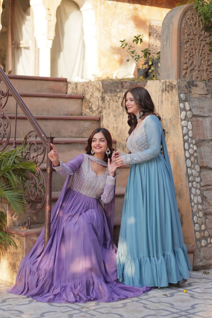 Women's Lavender & Seagreen Star Georgette Embroidered Beads Sequins Work Anarkalis  With Dupatta