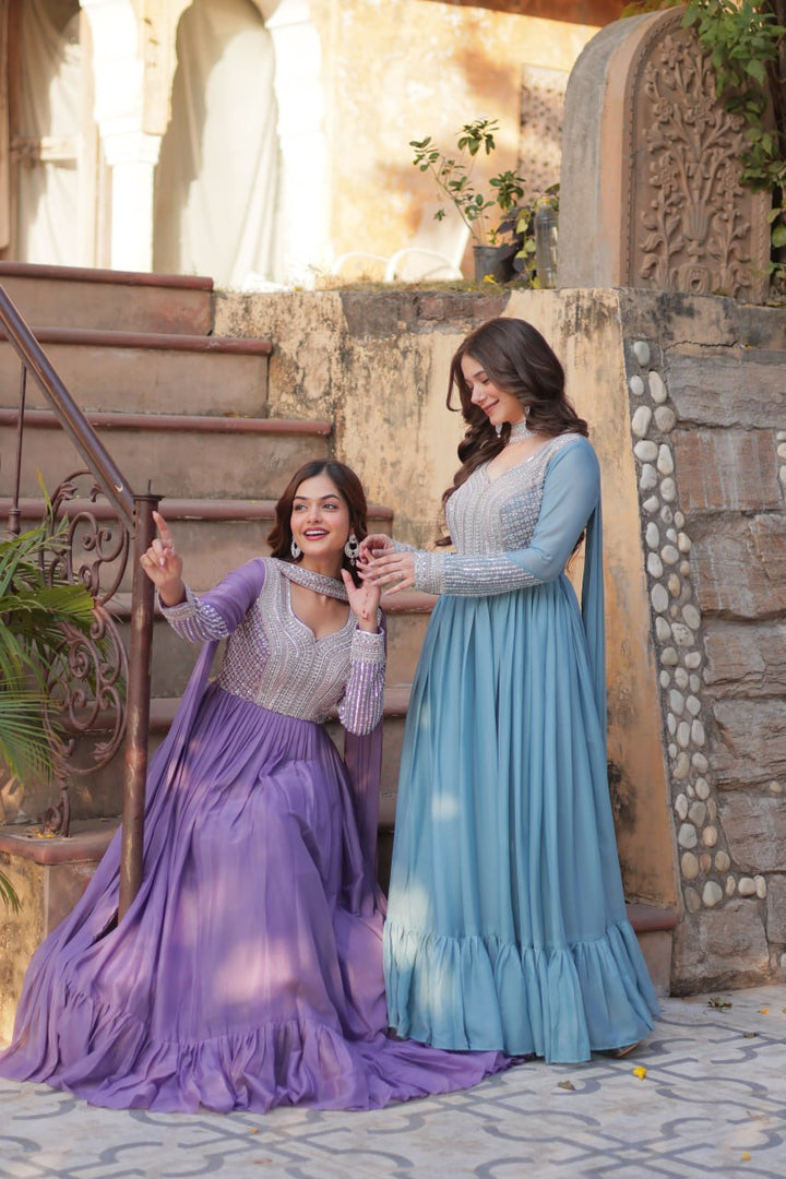 Women's Lavender & Seagreen Star Georgette Embroidered Beads Sequins Work Anarkalis  With Dupatta