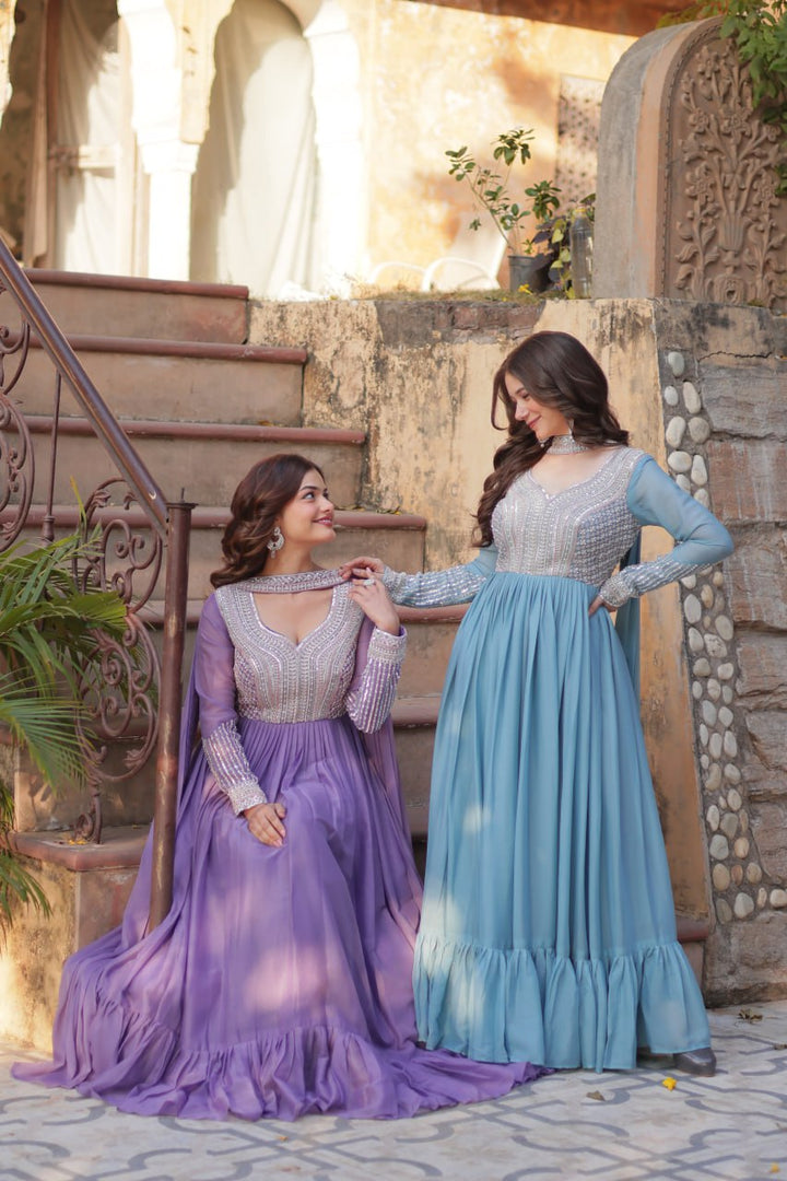 Women's Lavender & Seagreen Star Georgette Embroidered Beads Sequins Work Anarkalis  With Dupatta