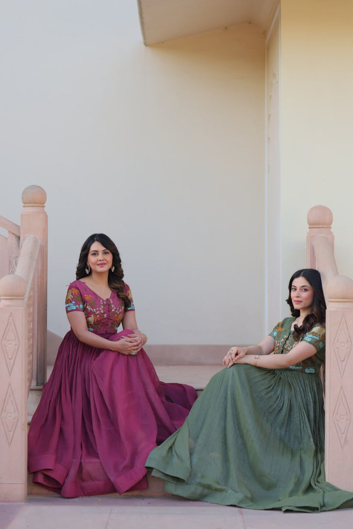 Women's Onion & Seagreen Kora Cotton Multi Thread Embroidered  Anarkalis