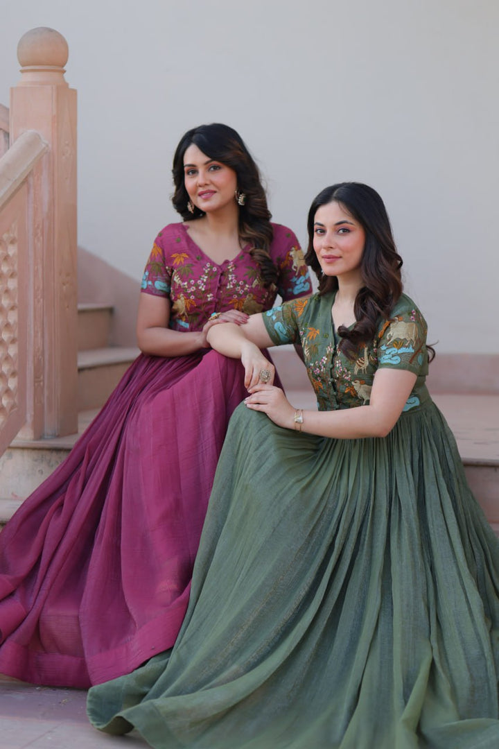 Women's Onion & Seagreen Kora Cotton Multi Thread Embroidered  Anarkalis