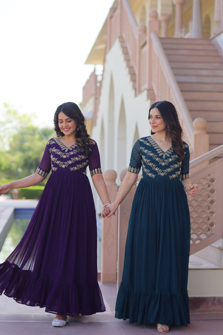 Women's Purple & Rama Faux Blooming Beads Embroidery-Work Anarkalis