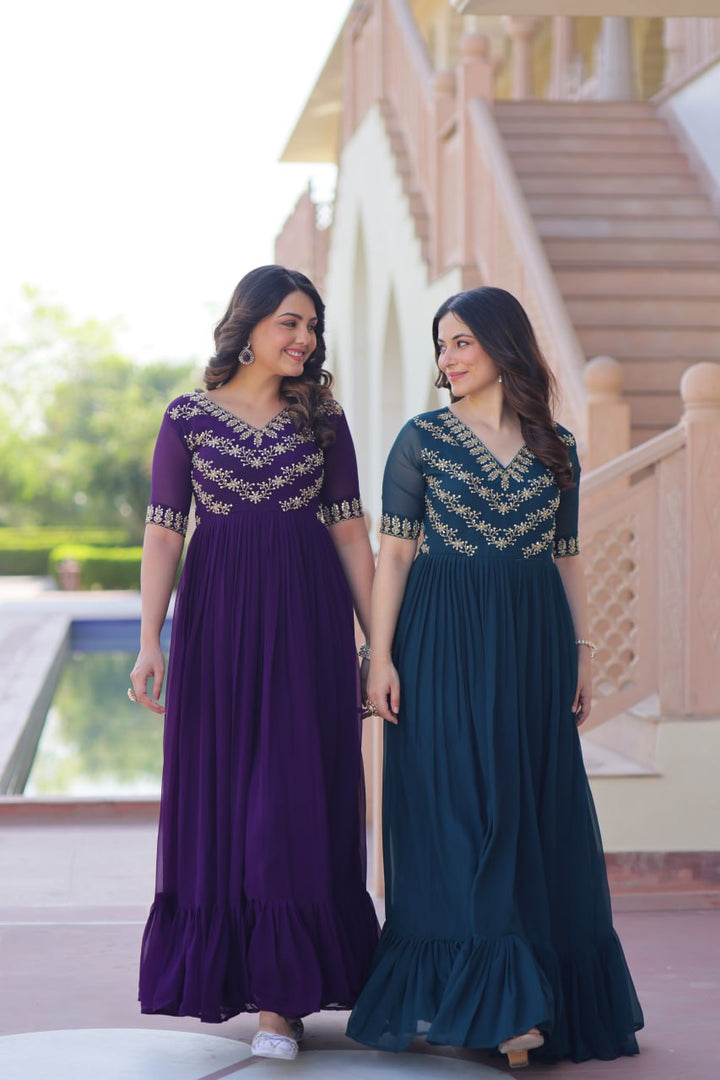 Women's Purple & Rama Faux Blooming Beads Embroidery-Work Anarkalis