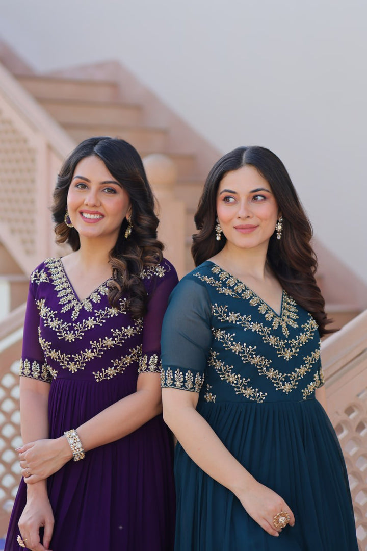 Women's Purple & Rama Faux Blooming Beads Embroidery-Work Anarkalis