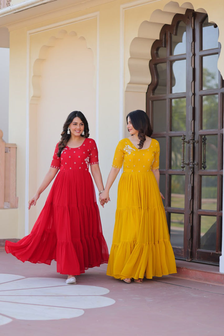 Women's Red & Gold Faux Blooming Beads Embroidery-Work Anarkalis