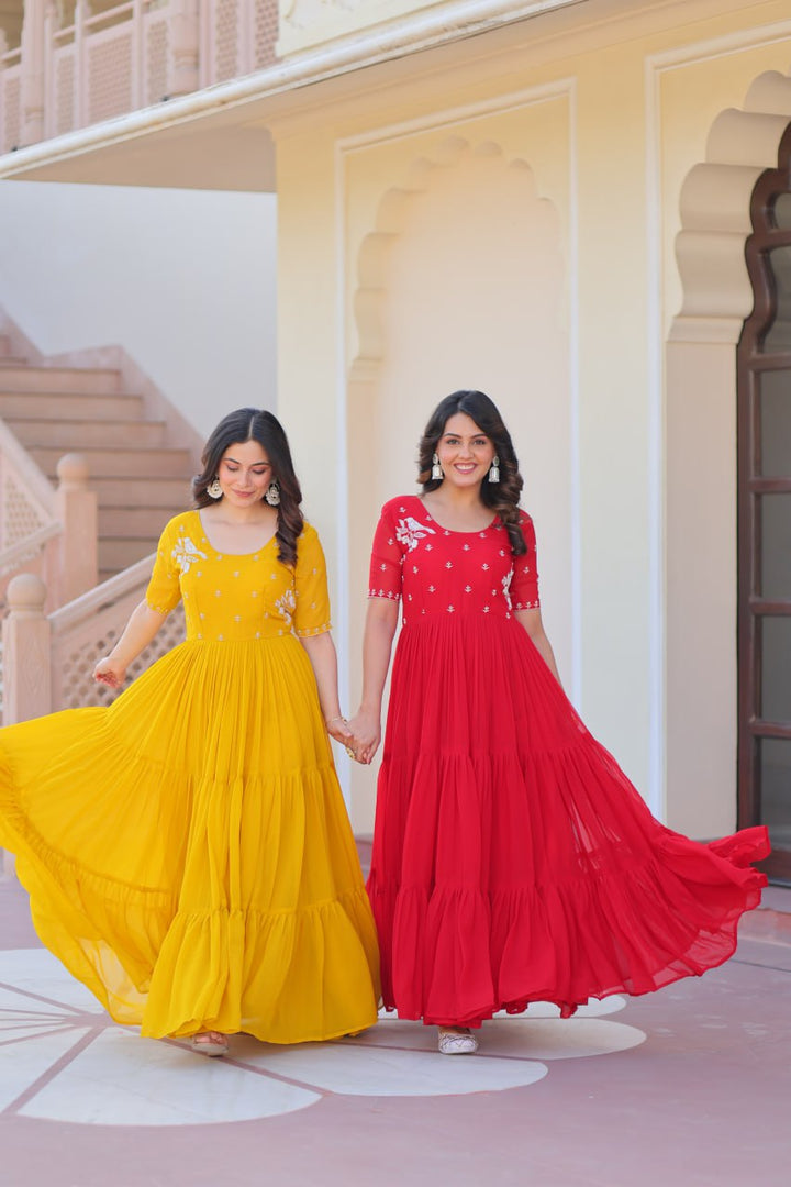 Women's Red & Gold Faux Blooming Beads Embroidery-Work Anarkalis