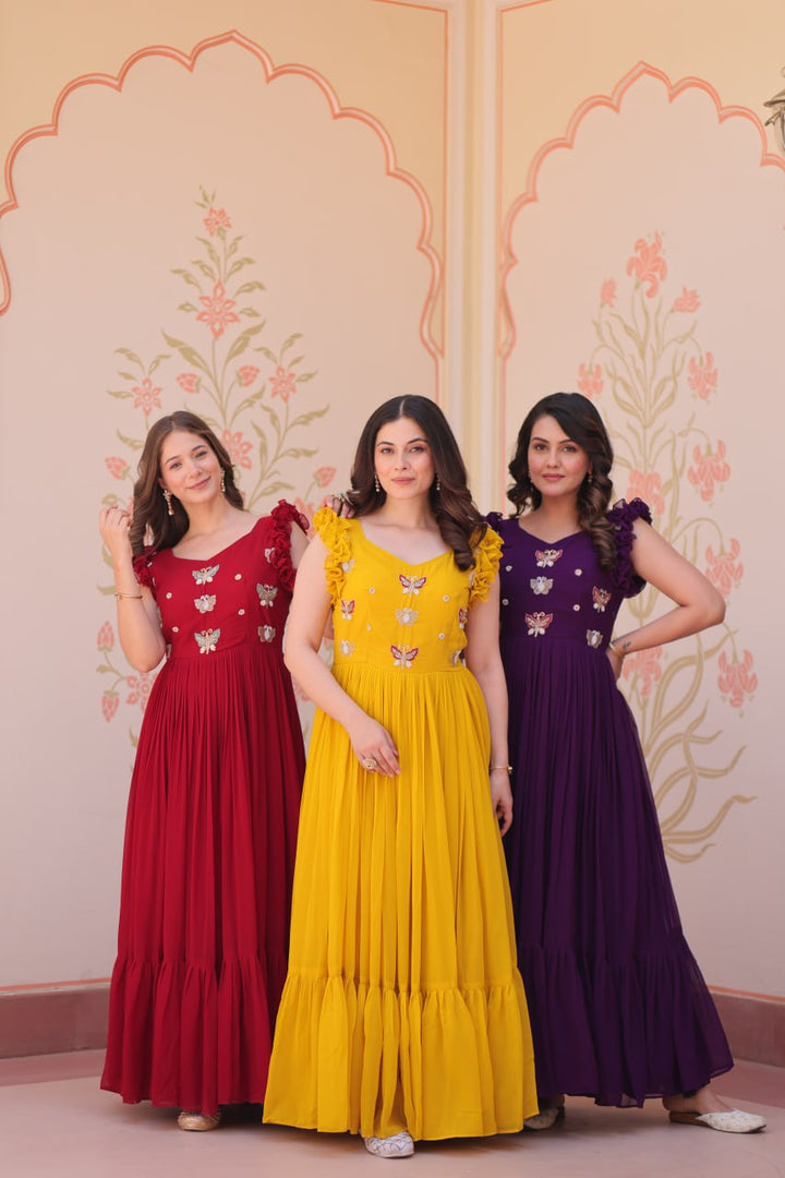 Women's Purple , Maroon & Gold Faux Blooming Beads Embroidered Work Anarkalis