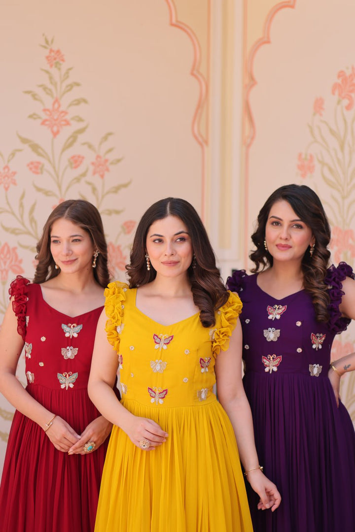 Women's Purple , Maroon & Gold Faux Blooming Beads Embroidered Work Anarkalis