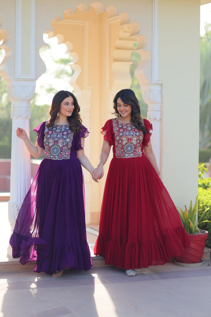 Women's Maroon & Purple Faux Blooming Beads And Sequins Multithreaded Embroidered Work Anarkali