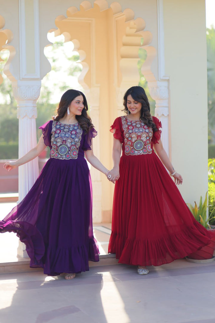 Women's Maroon & Purple Faux Blooming Beads And Sequins Multithreaded Embroidered Work Anarkali