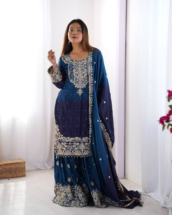Women's Blue CHINON Silk Codeing Dori With Sequnce With Rivet Moti Kurta Set