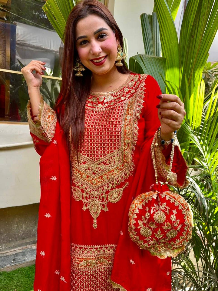 Women's Red Faux Georgette Embroidered With Sequins Kurta Set