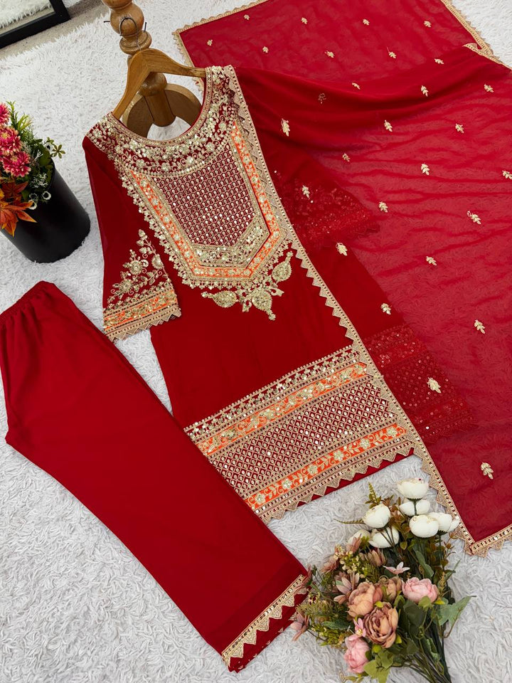 Women's Red Faux Georgette Embroidered With Sequins Kurta Set