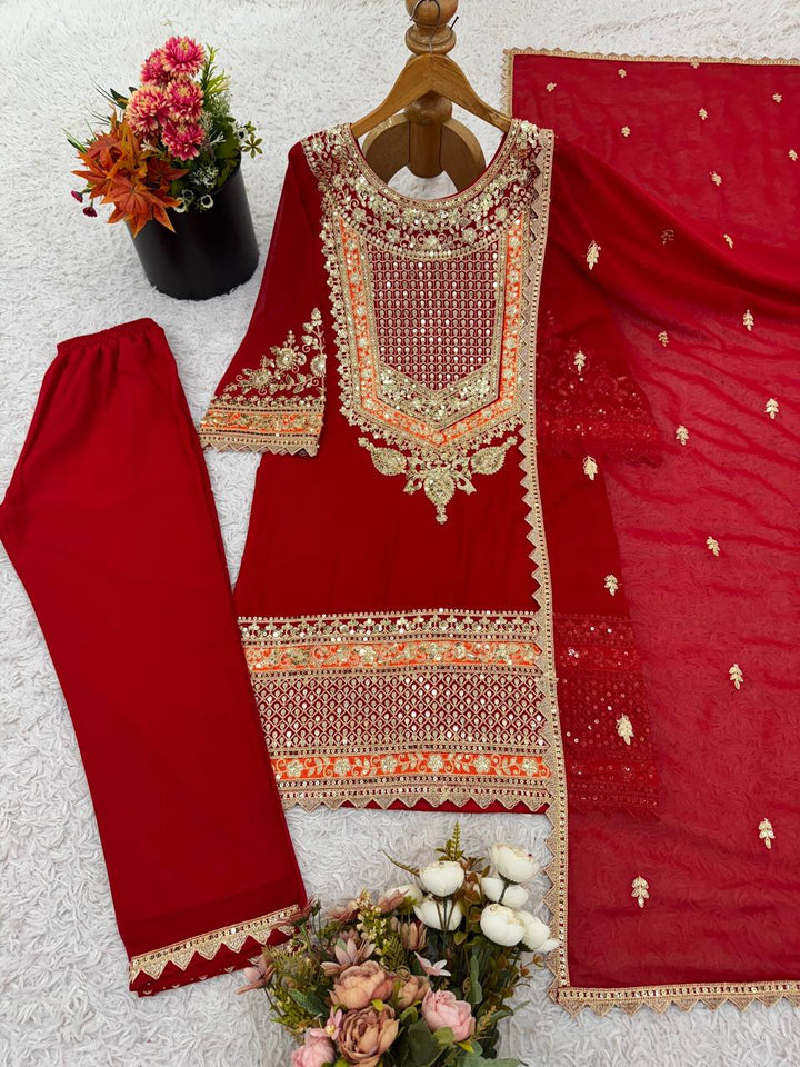 Women's Red Faux Georgette Embroidered With Sequins Kurta Set