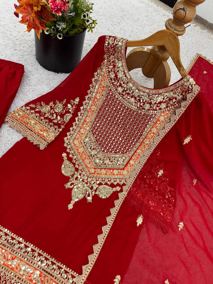 Women's Red Faux Georgette Embroidered With Sequins Kurta Set