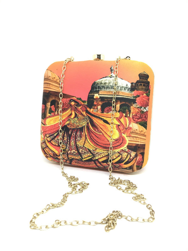 Women's Orange Poly Digital Print Hand Bag - Desi India