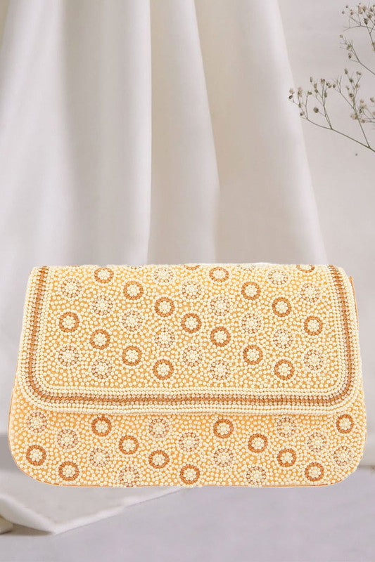 Women's Cream Pearl & Stone Work Hand Bag - Desi India