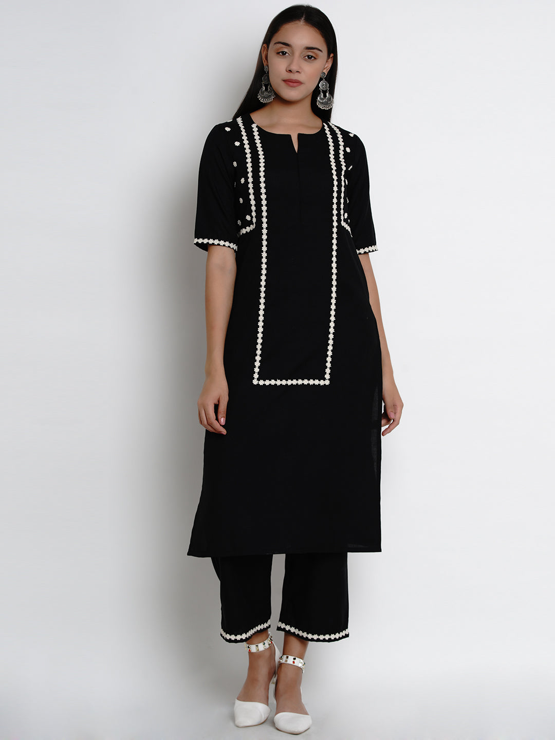 Women's Black And White Embroidered Kurta With Palazzos - Bhama Couture
