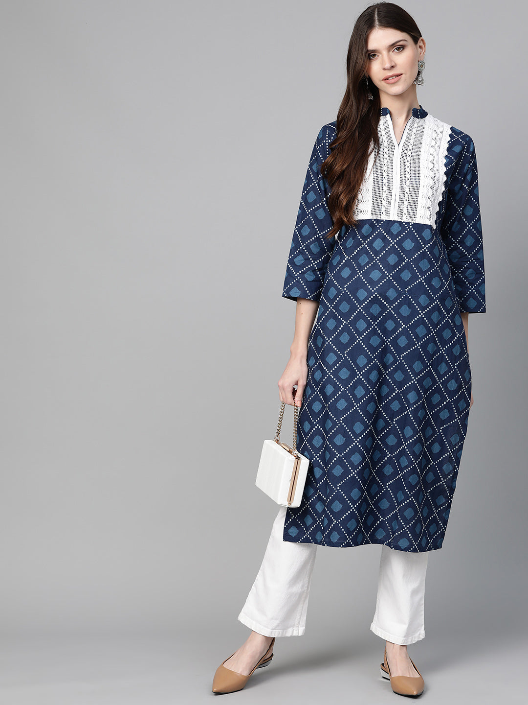 Women's Indigo Blue Straight Kurta With Lace Detail - Bhama Couture