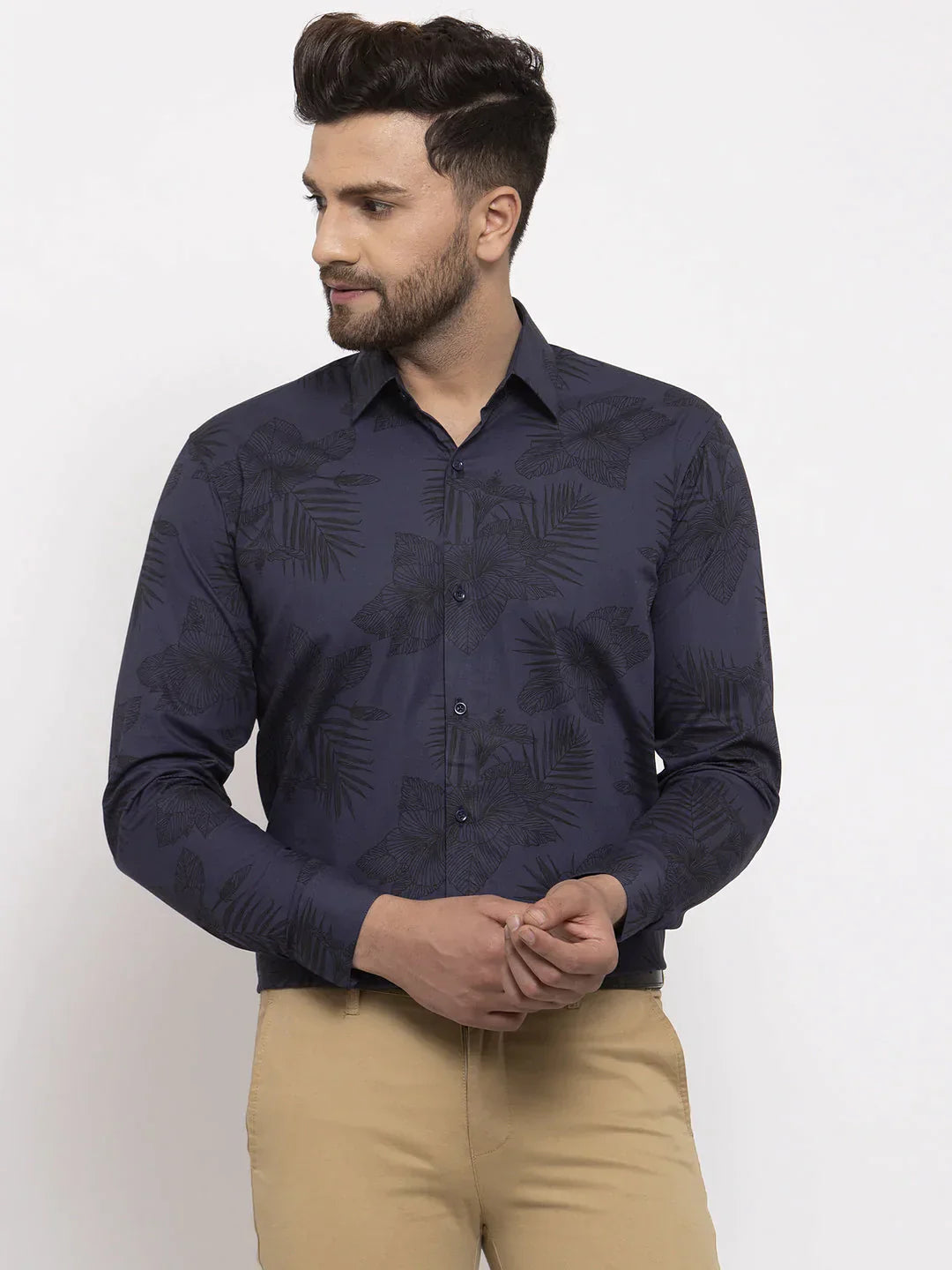 Men's Navy Cotton Printed Formal Shirt's - Taantav