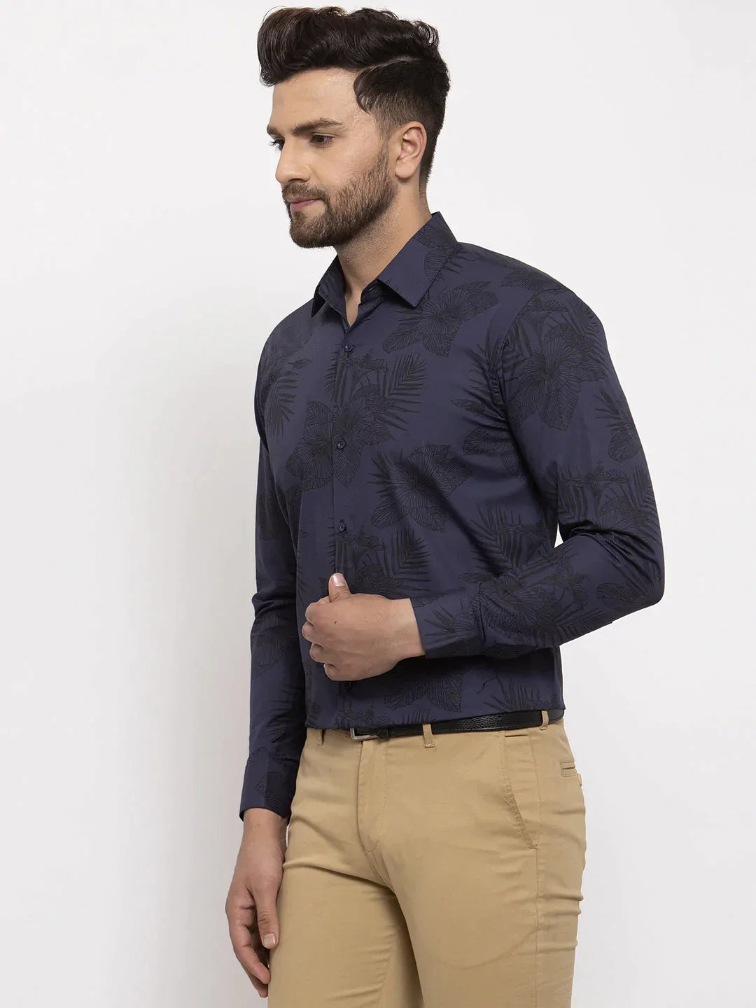 Men's Navy Cotton Printed Formal Shirt's - Taantav