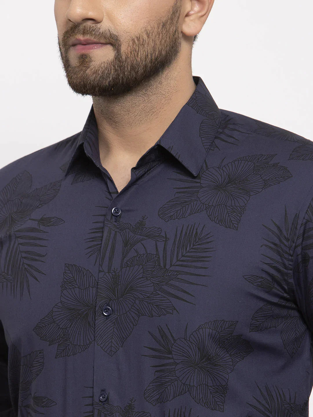 Men's Navy Cotton Printed Formal Shirt's - Taantav