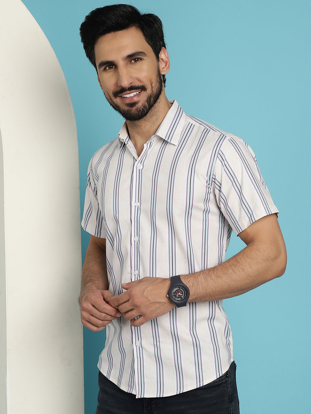 Men's Vertical Striped Half Sleeve Casual Shirt for - Taantav