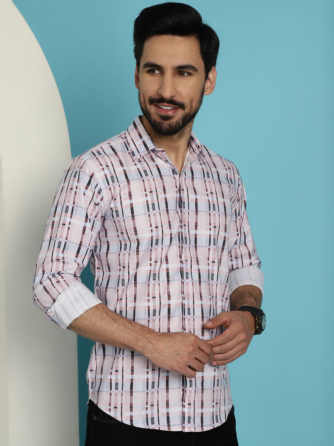 Men's Cotton Blend Checked Casual Shirt for - Taantav