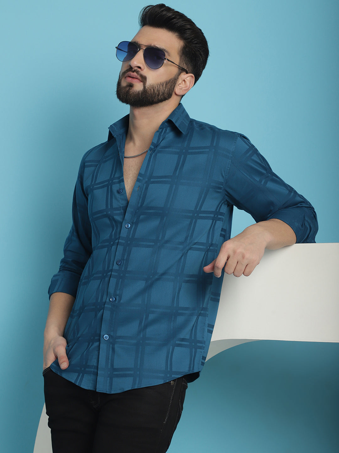 Men's Peacock Blue Checked Casual Shirt - Taantav