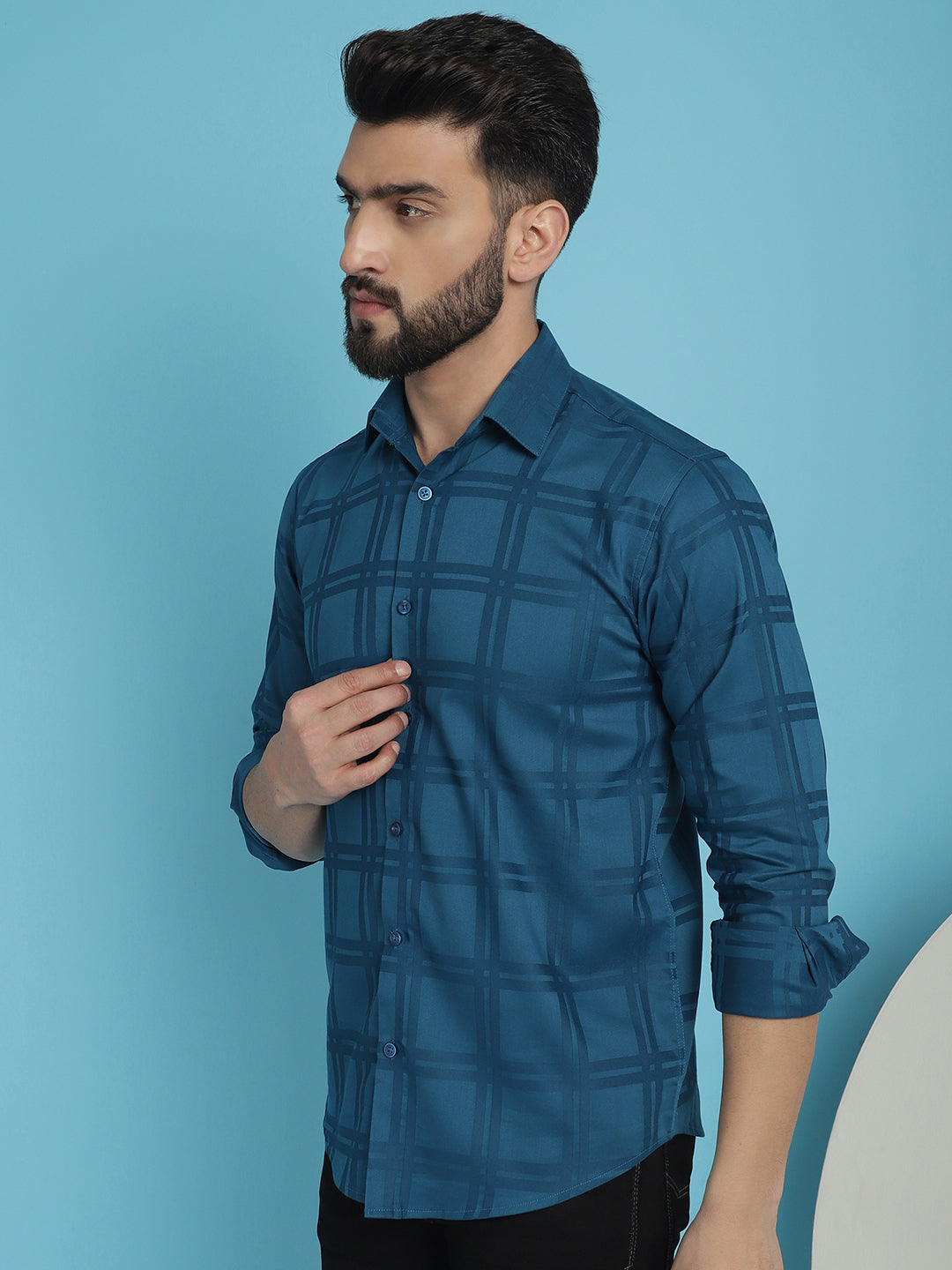 Men's Peacock Blue Checked Casual Shirt - Taantav