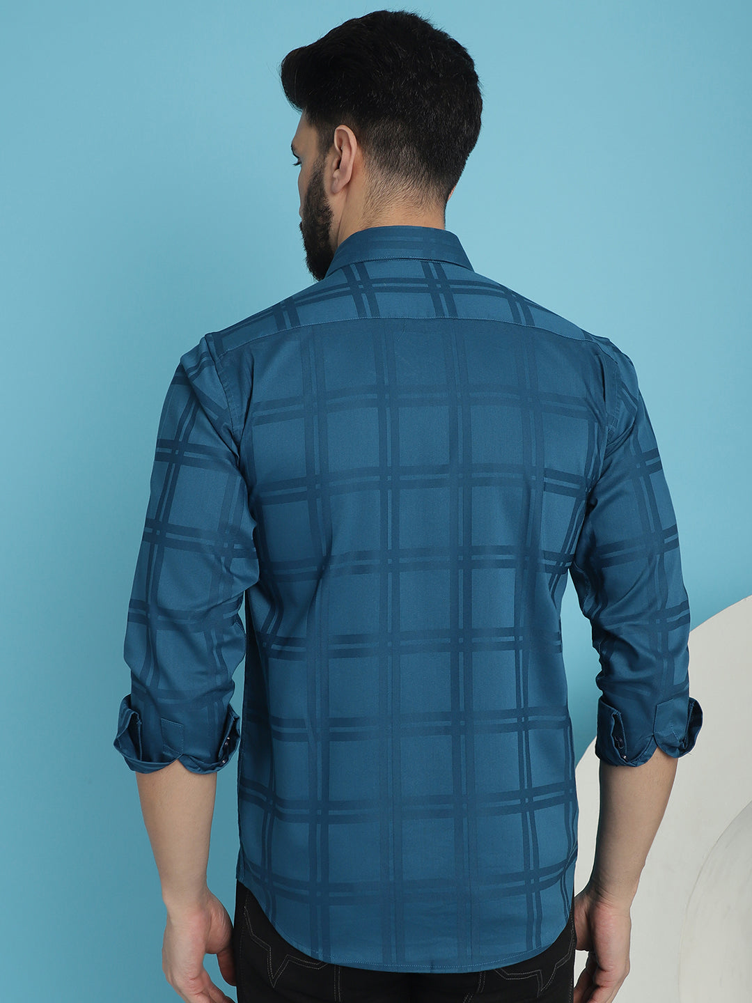 Men's Peacock Blue Checked Casual Shirt - Taantav