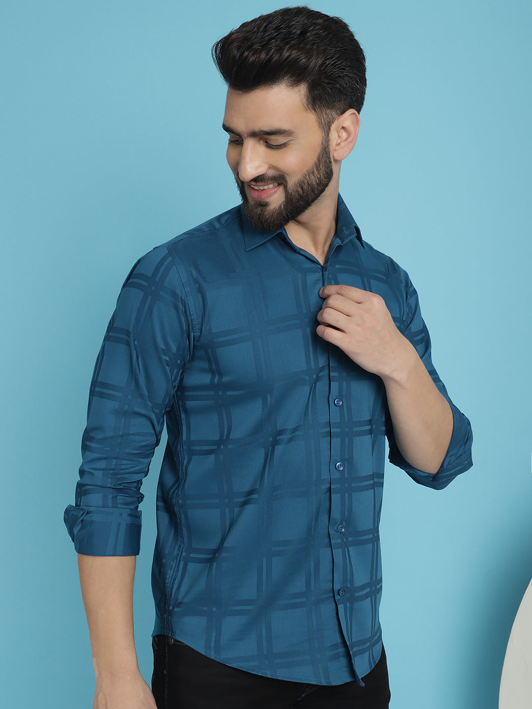 Men's Peacock Blue Checked Casual Shirt - Taantav