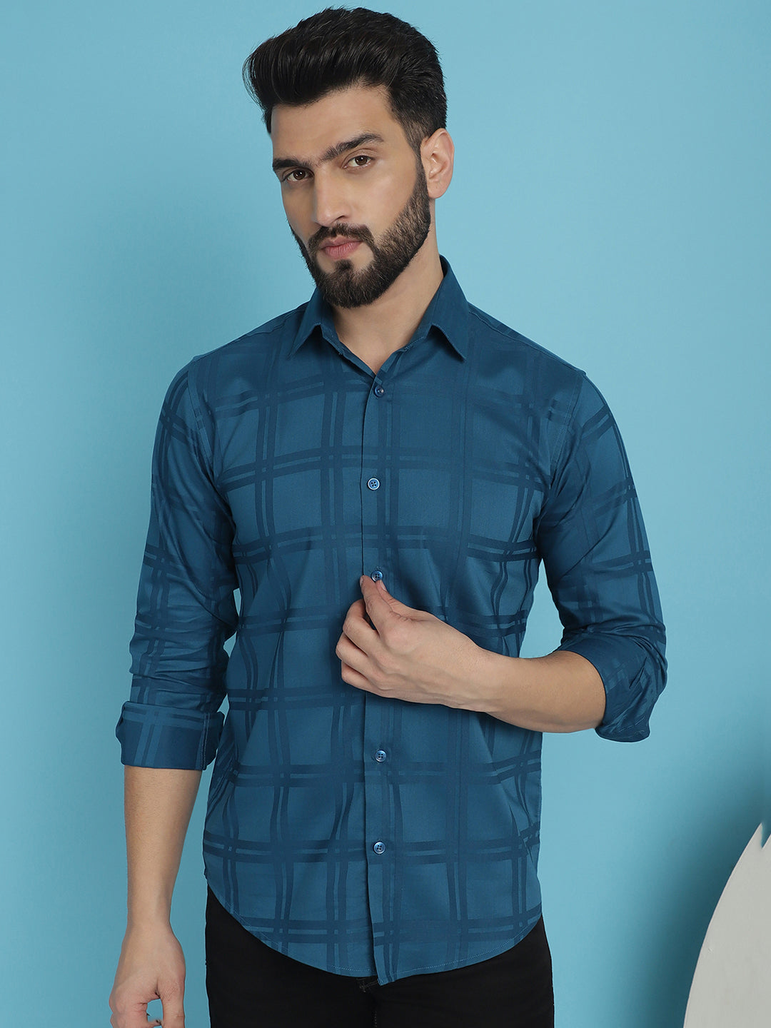 Men's Peacock Blue Checked Casual Shirt - Taantav