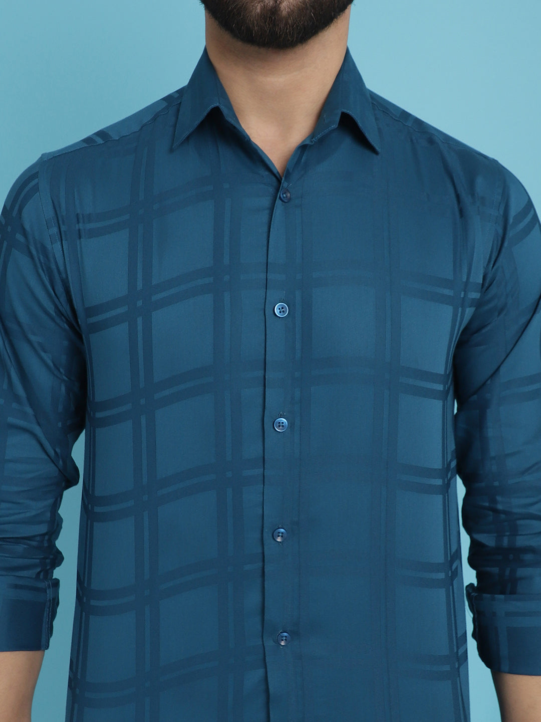 Men's Peacock Blue Checked Casual Shirt - Taantav