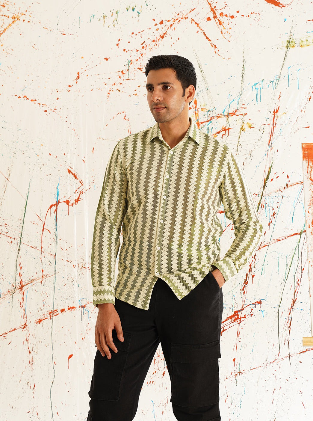 Men's Woven Design Green Cotton Shirt for Men - Taantav