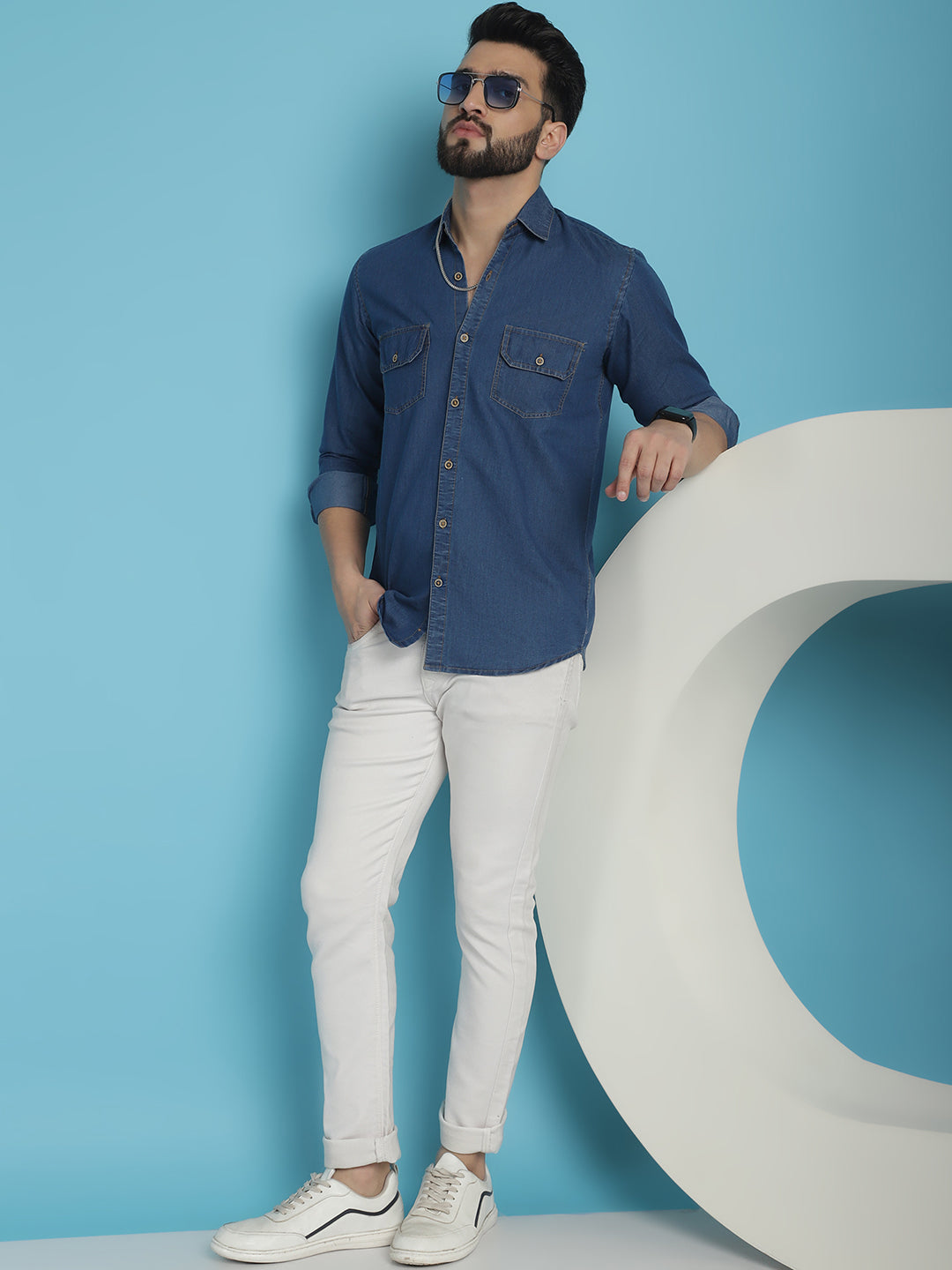 Men's Faded Cotton Denim Casual Shirt - Taantav