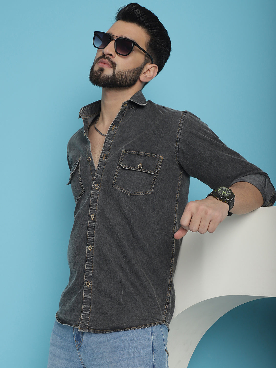 Men's Faded Cotton Denim Casual Shirt - Taantav