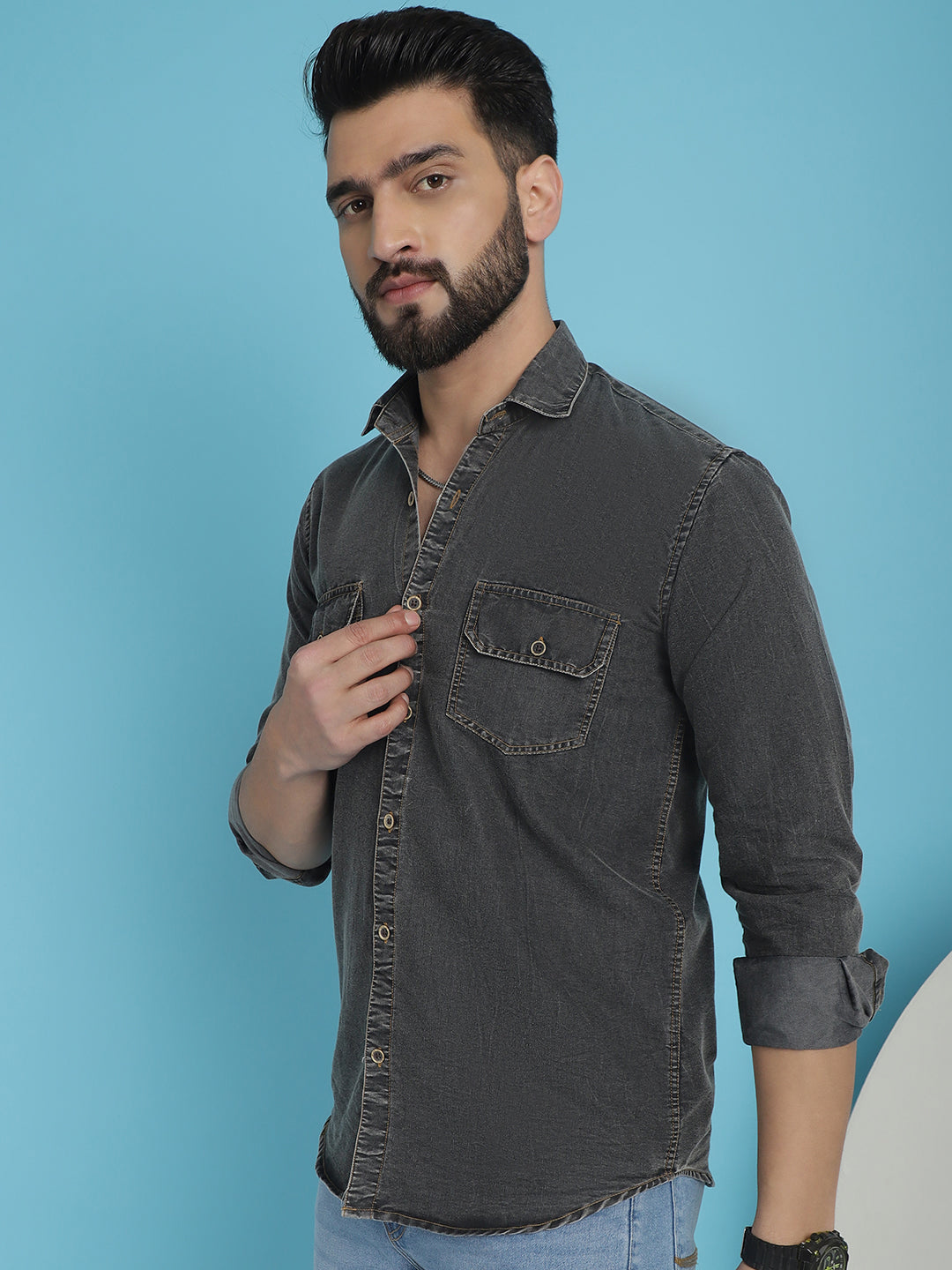 Men's Faded Cotton Denim Casual Shirt - Taantav