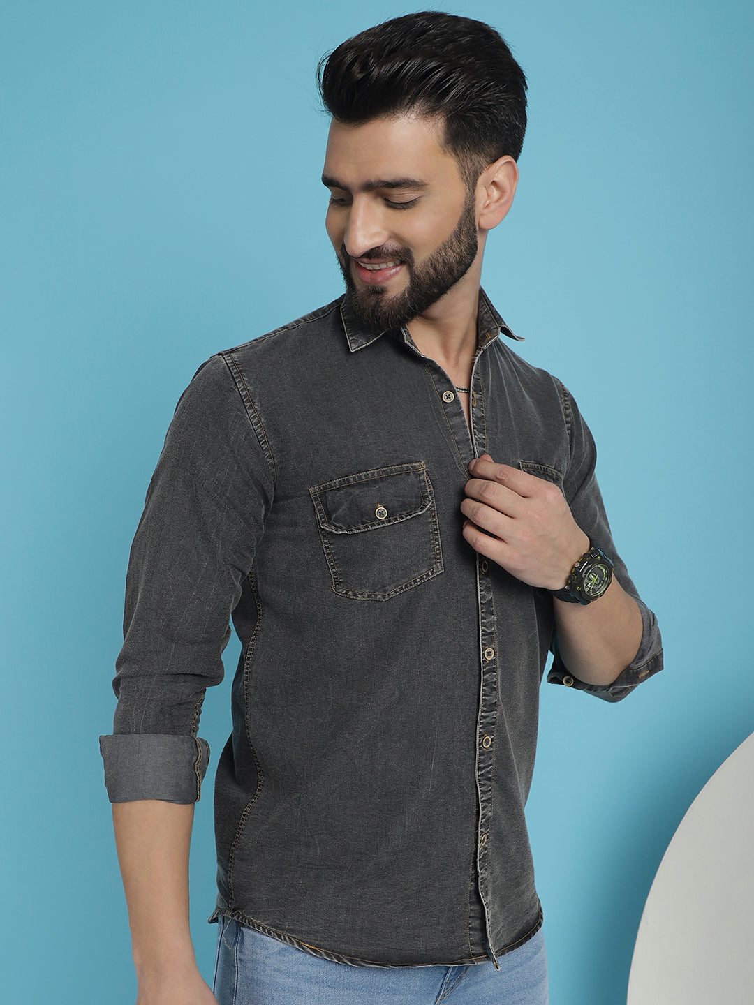 Men's Faded Cotton Denim Casual Shirt - Taantav