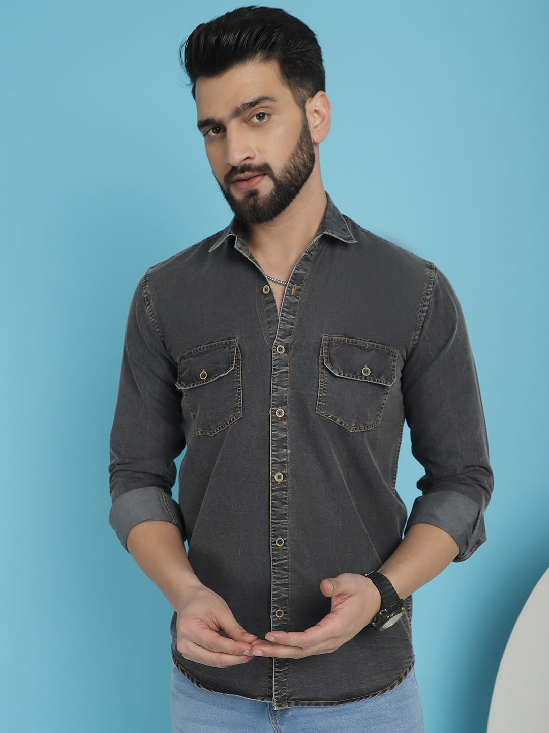 Men's Faded Cotton Denim Casual Shirt - Taantav