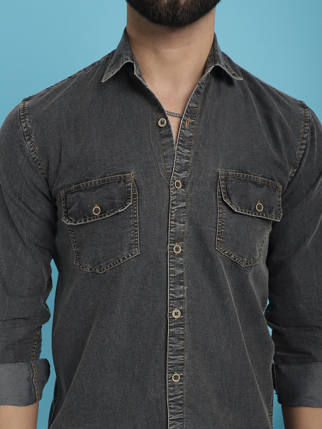 Men's Faded Cotton Denim Casual Shirt - Taantav