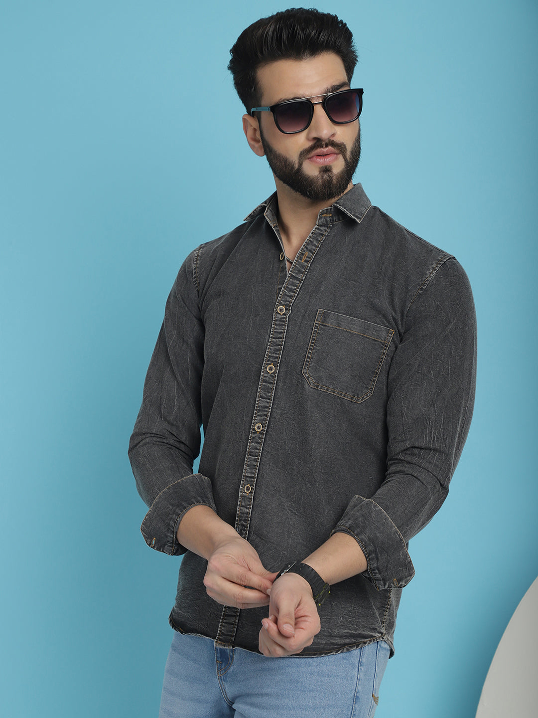 Men's Faded Cotton Denim Casual Shirt for Men - Taantav