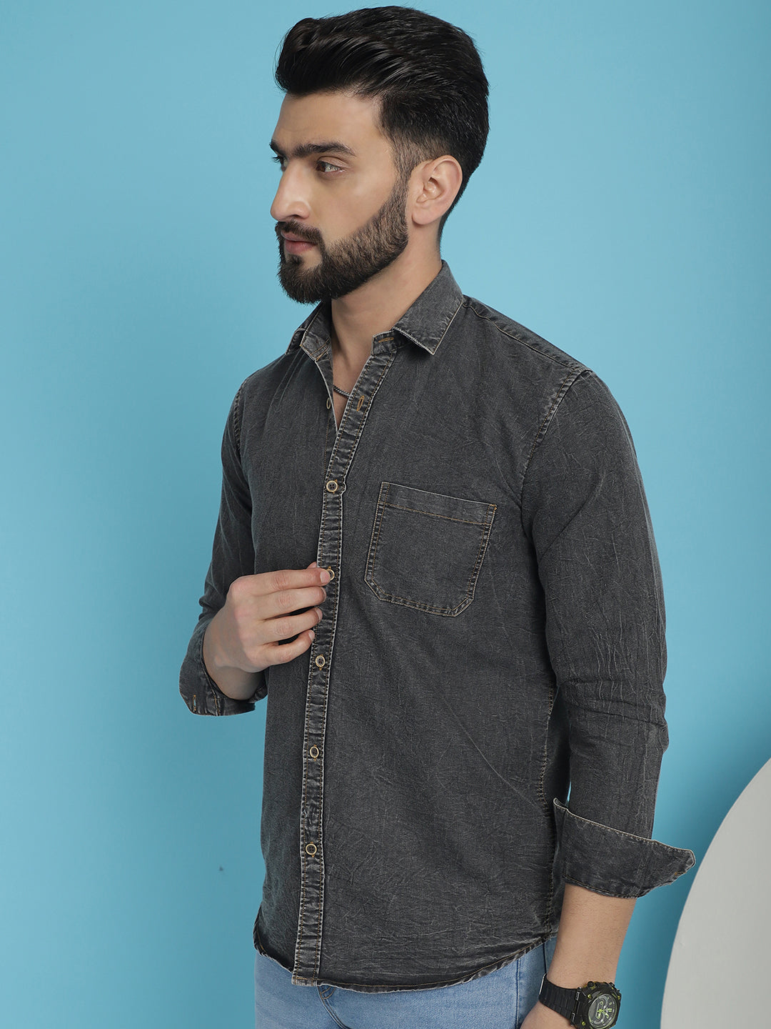 Men's Faded Cotton Denim Casual Shirt for Men - Taantav