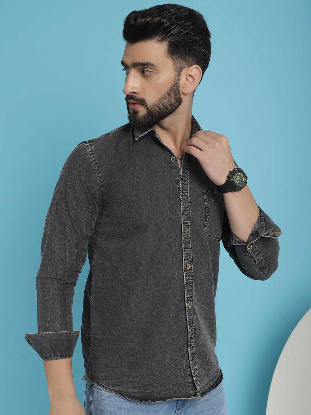 Men's Faded Cotton Denim Casual Shirt for Men - Taantav