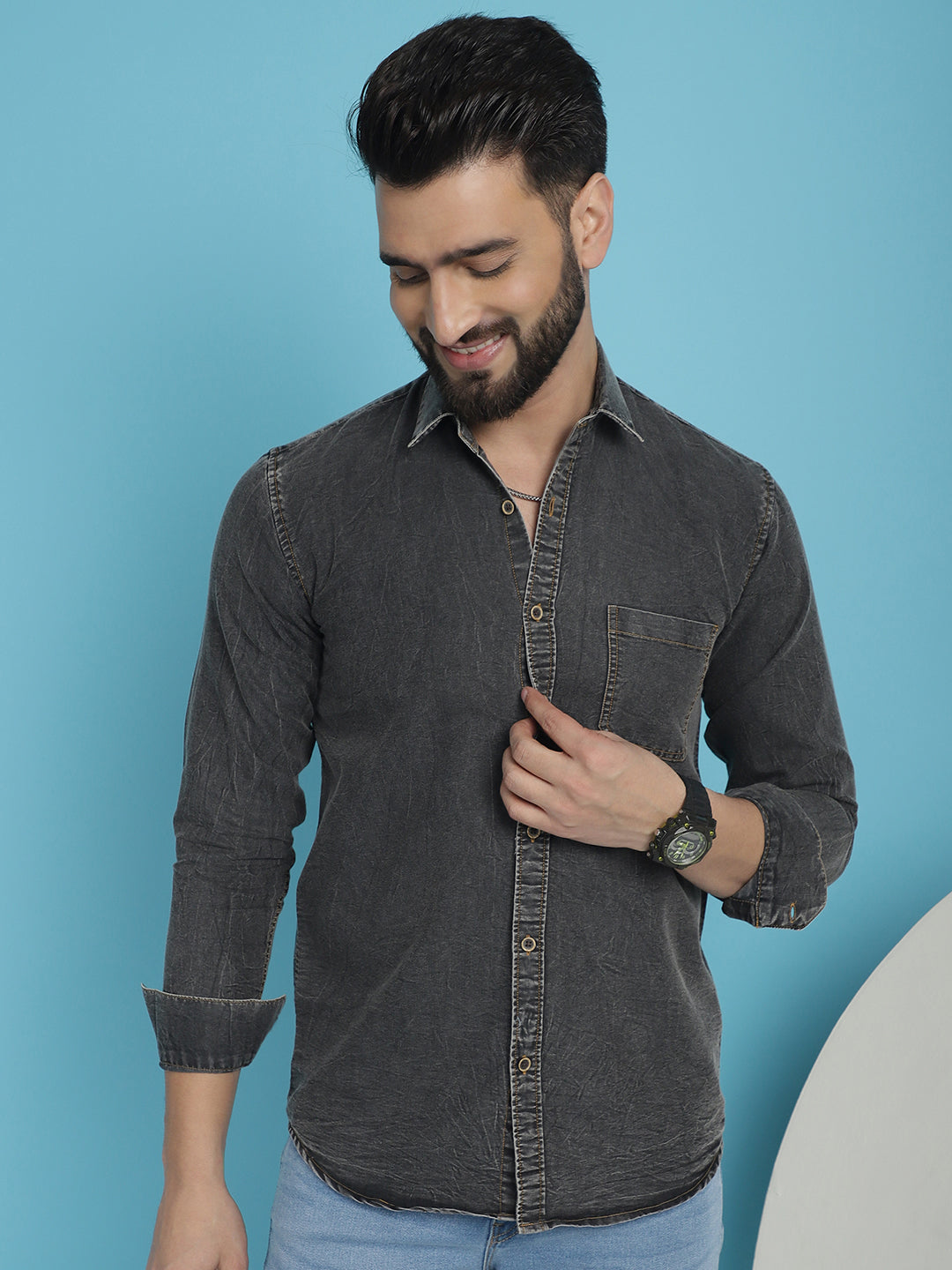 Men's Faded Cotton Denim Casual Shirt for Men - Taantav