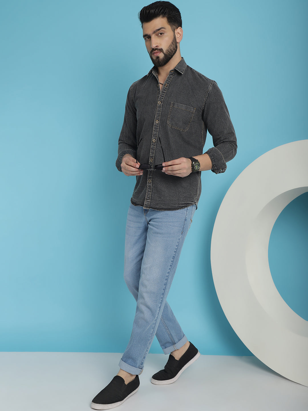 Men's Faded Cotton Denim Casual Shirt for Men - Taantav