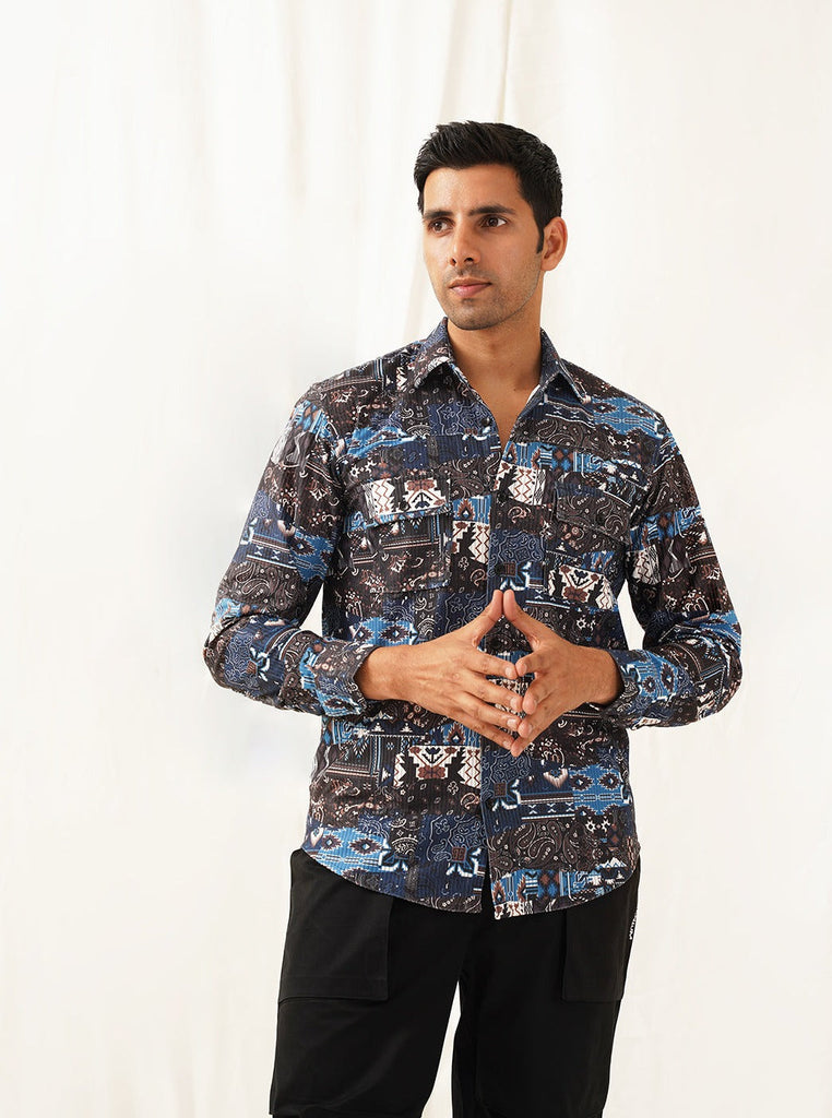 Men's Navy Blue Printed Spread Collar Cotton Curved Casual Shirt