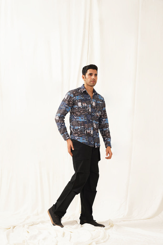 Men's Navy Blue Printed Spread Collar Cotton Curved Casual Shirt