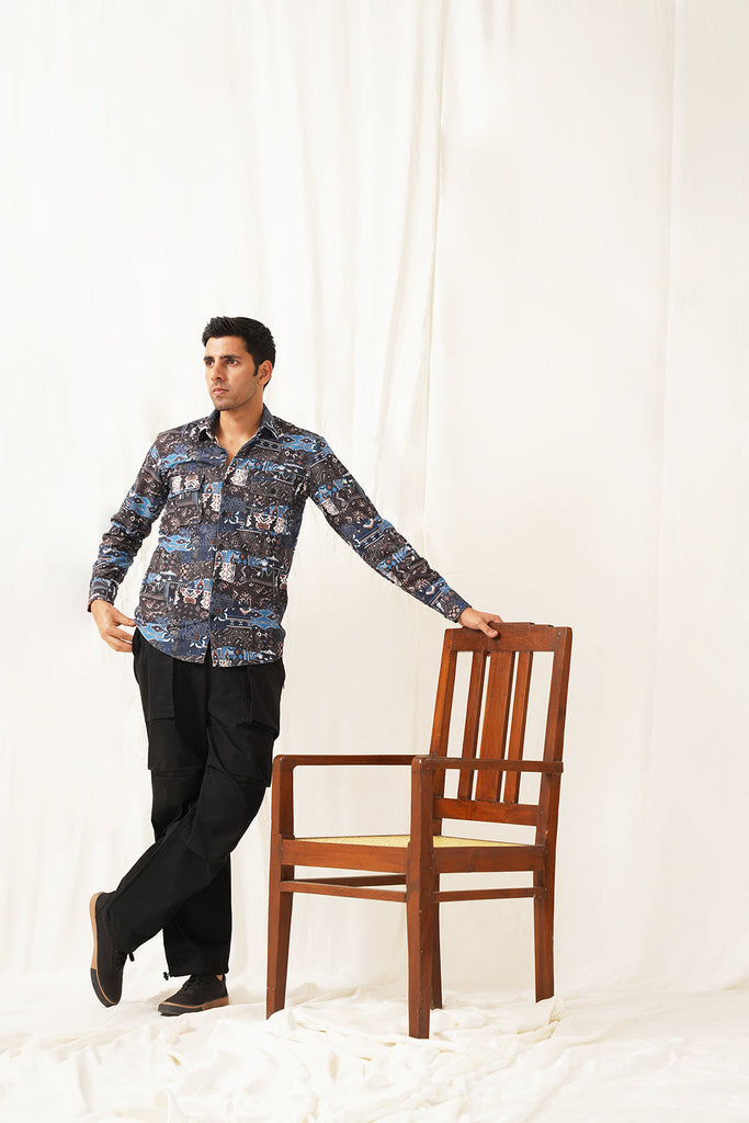 Men's Navy Blue Printed Spread Collar Cotton Curved Casual Shirt