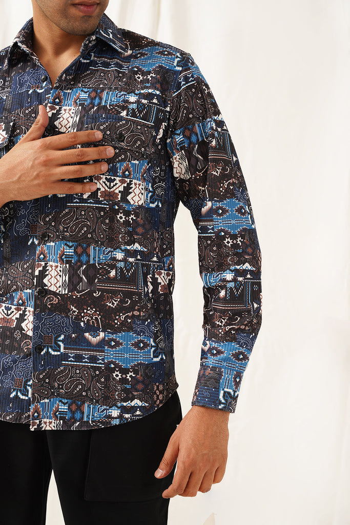 Men's Navy Blue Printed Spread Collar Cotton Curved Casual Shirt